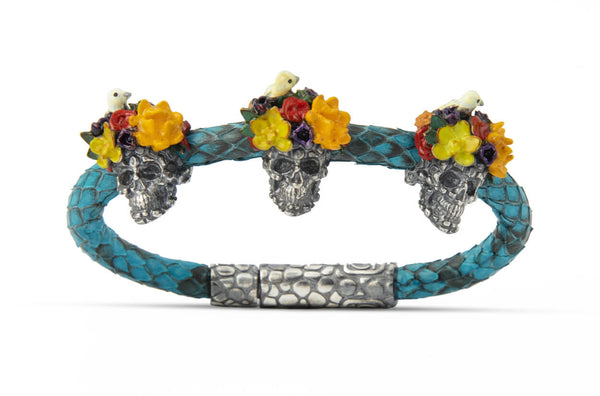 Bracelet LivingSkull Women Phyton Leather & Three Human Skulls - Albert Hern Fine Jewelry