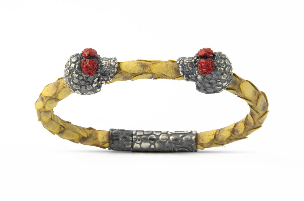 Bracelet LivingSkull Women Phyton Leather & Two Human Skulls - Albert Hern Fine Jewelry