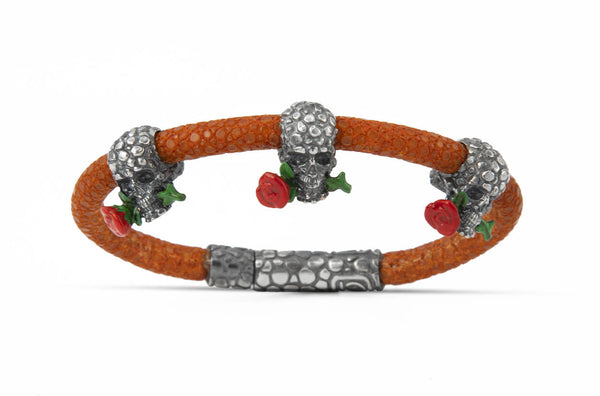 Bracelet LivingSkull Women Stingray Leather & Three Human Skulls - Albert Hern Fine Jewelry