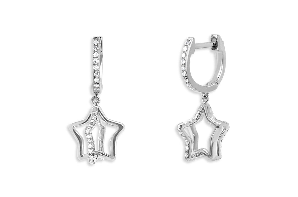 Earrings 14kt Double Hanging Stars Huggies & Diamonds - Albert Hern Fine Jewelry