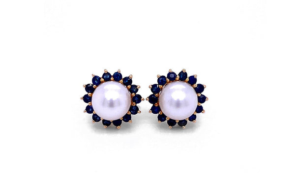 Earrings 14kt Fresh Water Pearls & Sapphire Halo - Albert Hern Fine Jewelry
