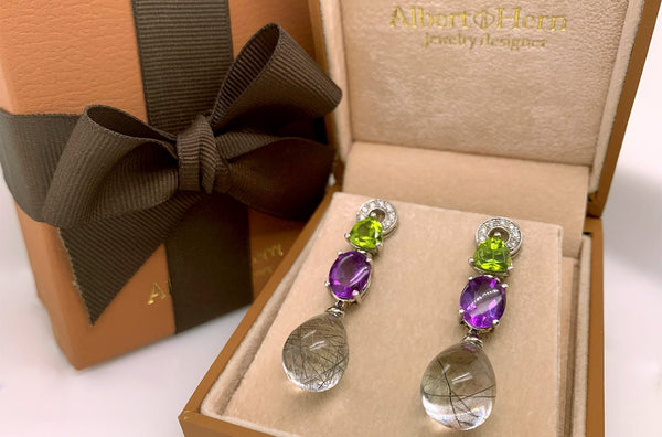 Earrings 14kt Gold Amethyst Peridot Quartz & Diamonds - Albert Hern Fine Jewelry