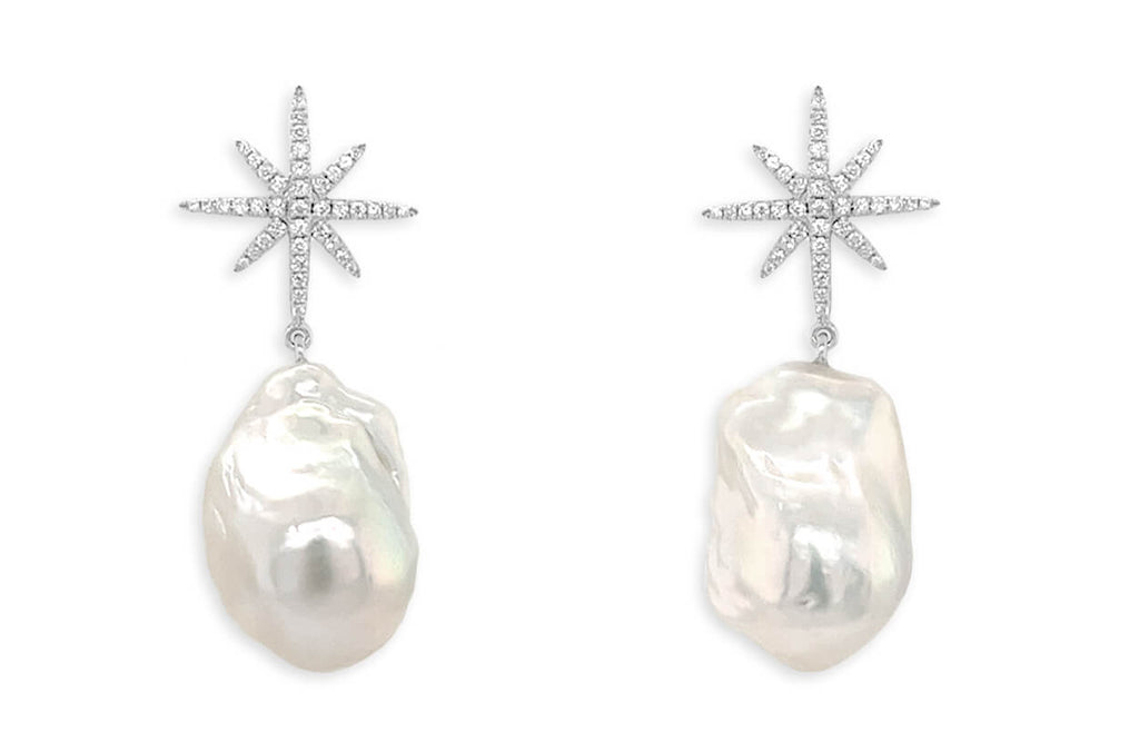 Earrings 14kt Gold Baroque Pearls & Diamonds Star Drop - Albert Hern Fine Jewelry