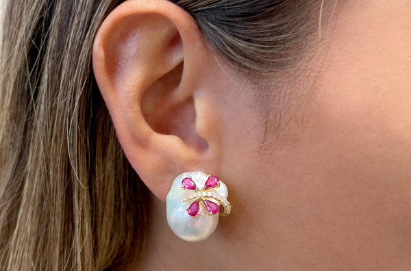 Earrings 14kt Gold Baroque Pearls with Rubies & Diamonds Butterflies - Albert Hern Fine Jewelry