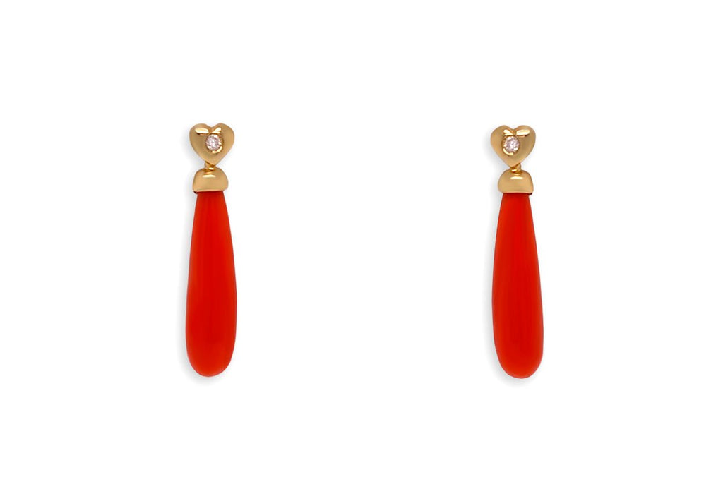 Earrings 14kt Gold Coral Briolette & Diamonds - Albert Hern Fine Jewelry