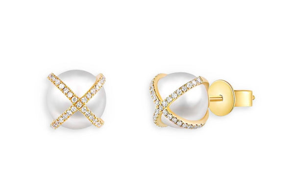 Earrings 14kt Gold Criss Cross Pearls & Diamonds - Albert Hern Fine Jewelry