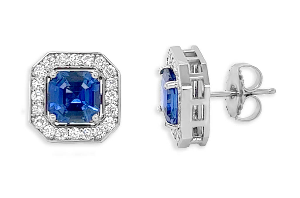 Earrings 14kt Gold Cushion Blue Sapphires & Diamonds Halo Studs - Albert Hern Fine Jewelry