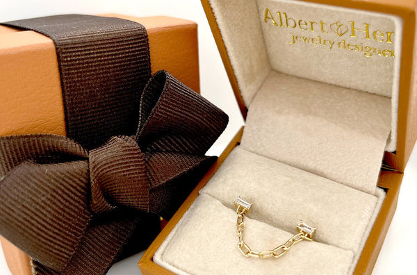 Earrings 14kt Gold Double Baguette Diamonds & Paperclip Chain Studs - Albert Hern Fine Jewelry