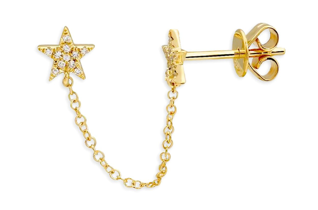 Earrings 14kt Gold Double Star Studs Chain & Diamonds - Albert Hern Fine Jewelry