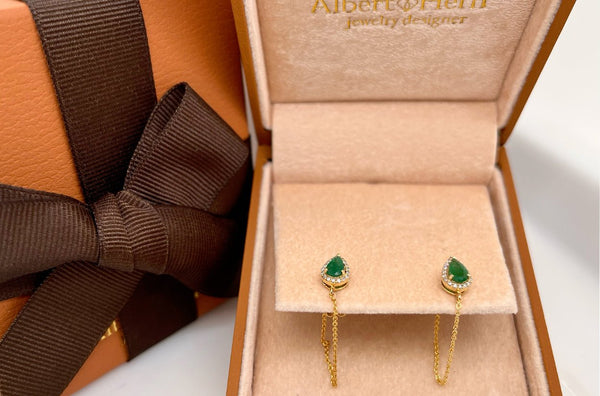 Earrings 14kt Gold Emerald Pears Studs Chain & Diamonds - Albert Hern Fine Jewelry