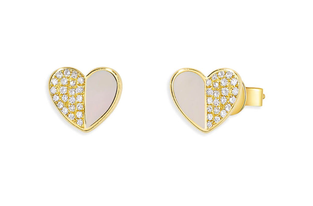 Earrings 14kt Gold Folded Hearts Mother of Pearls & Diamonds Studs - Albert Hern Fine Jewelry