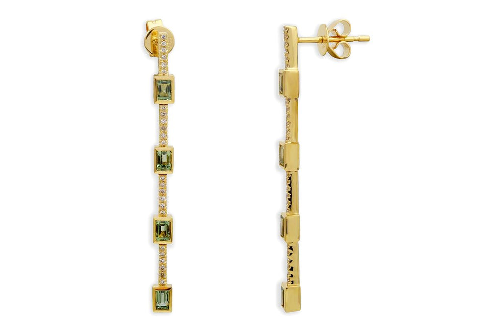 Earrings 14kt Gold Green Sapphires & Diamonds Line Drops - Albert Hern Fine Jewelry