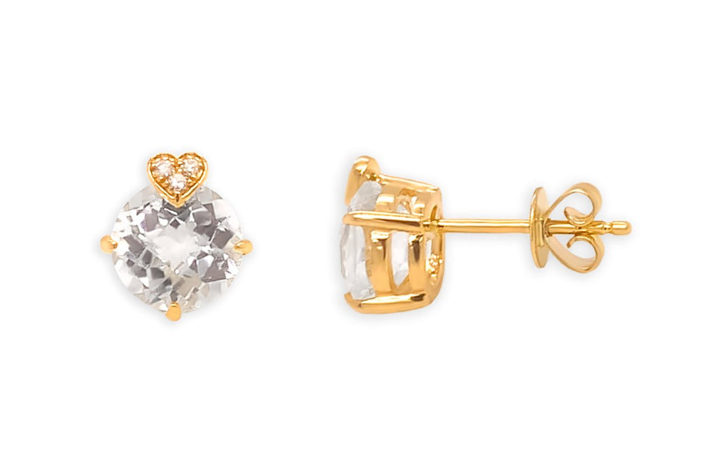Earrings 14kt Gold Hearts Cushion White Topaz & Diamonds Studs - Albert Hern Fine Jewelry