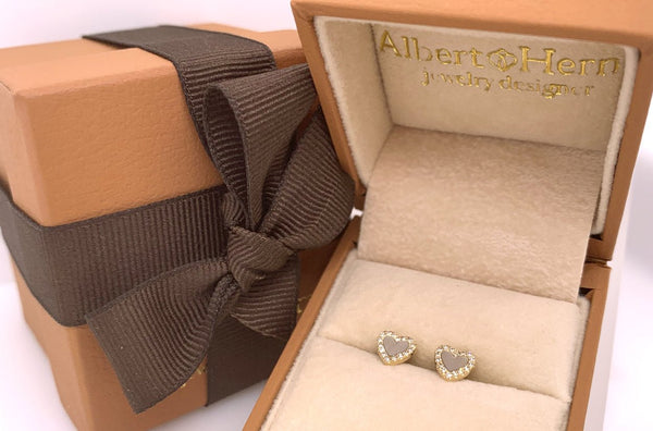 Earrings 14kt Gold Hearts Mop & Diamonds Studs - Albert Hern Fine Jewelry