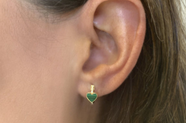 Earrings 14kt Gold Huggies Malachite Hearts & Pave Diamonds - Albert Hern Fine Jewelry