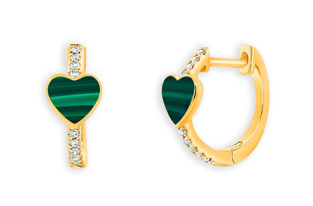 Earrings 14kt Gold Huggies Malachite Hearts & Pave Diamonds - Albert Hern Fine Jewelry