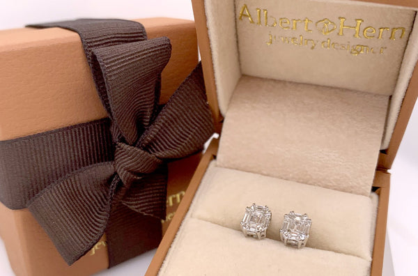 Earrings 14kt Gold Illusion Emerald Cut Shape Diamonds 0.83 cts Studs - Albert Hern Fine Jewelry