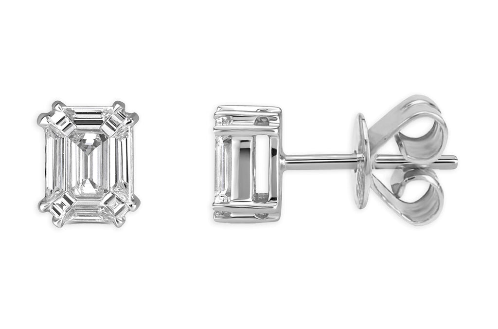 Earrings 14kt Gold Illusion Emerald Cut Shape Diamonds 0.83 cts Studs - Albert Hern Fine Jewelry