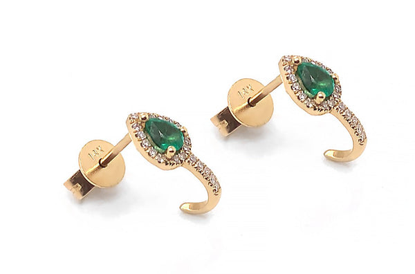 Earrings 14kt Gold Illusion Huggie Emerald Pears & Diamonds - Albert Hern Fine Jewelry