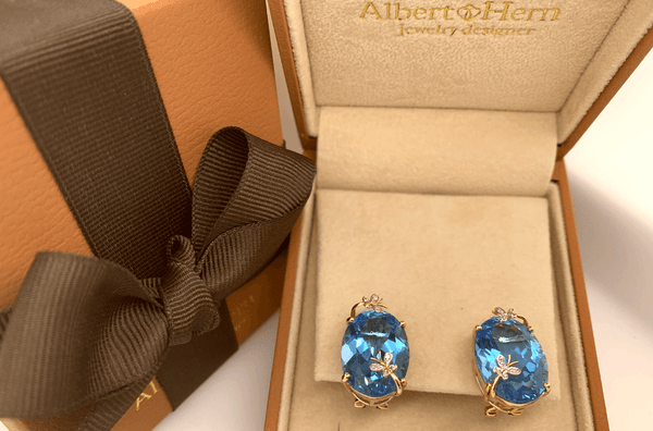 Earrings 14kt Gold London Blue Topaz Enhance Butterfly & Diamonds - Albert Hern Fine Jewelry