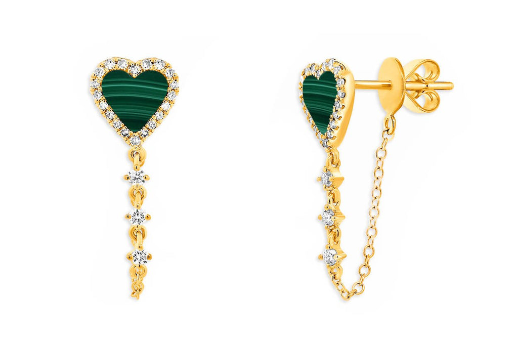 Earrings 14kt Gold Malachite Hearts Chain & Outline Diamonds - Albert Hern Fine Jewelry