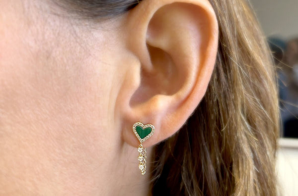 Earrings 14kt Gold Malachite Hearts Chain & Outline Diamonds - Albert Hern Fine Jewelry