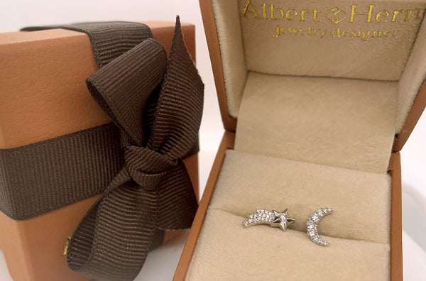 Earrings 14kt Gold Moon & Shooting Star with Diamonds - Albert Hern Fine Jewelry