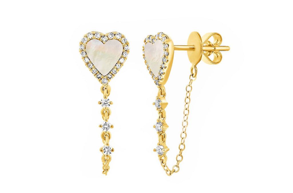 Earrings 14kt Gold Mother of Pearl Heart Chain & Outline Diamonds - Albert Hern Fine Jewelry