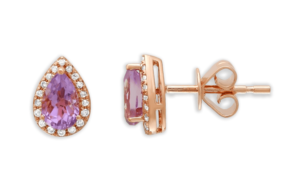 Earrings 14kt Gold Pear Amethyst & Diamonds Studs - Albert Hern Fine Jewelry