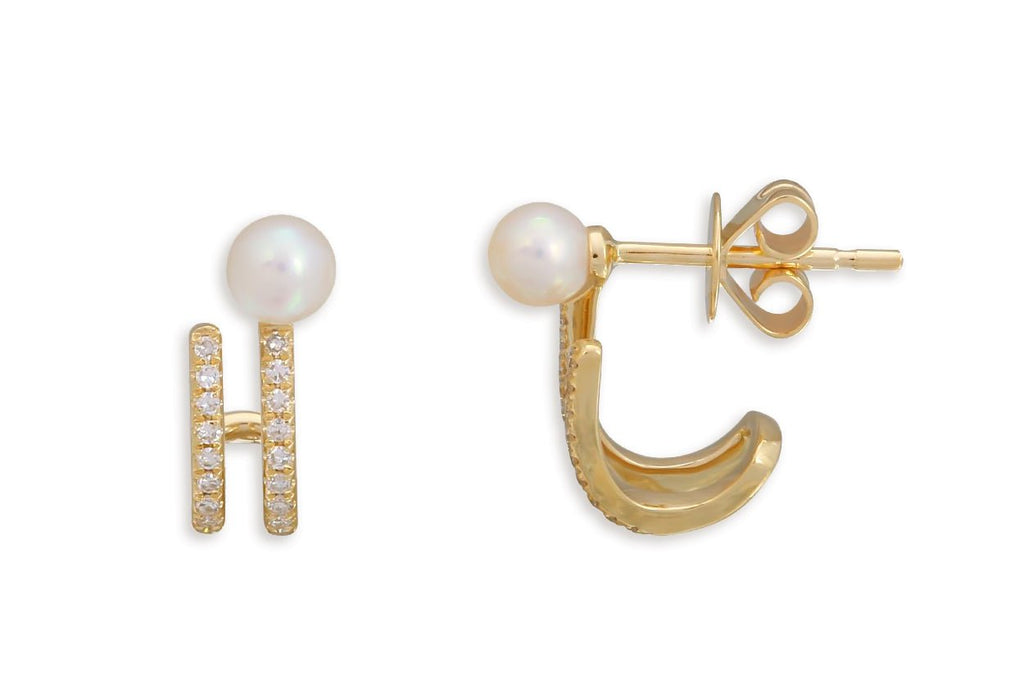 Earrings 14kt Gold Pearl Lobe Studs & Double Row Diamonds - Albert Hern Fine Jewelry