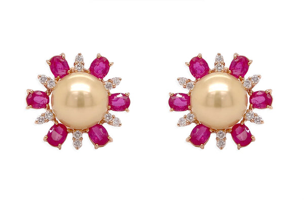 Earrings 14kt Gold Pearls with Sapphires & Diamonds Flowers - Albert Hern Fine Jewelry