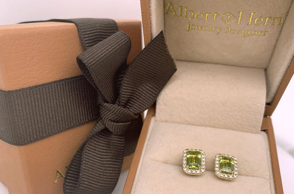Earrings 14kt Gold Peridot Emerald Cut & Diamonds Studs - Albert Hern Fine Jewelry