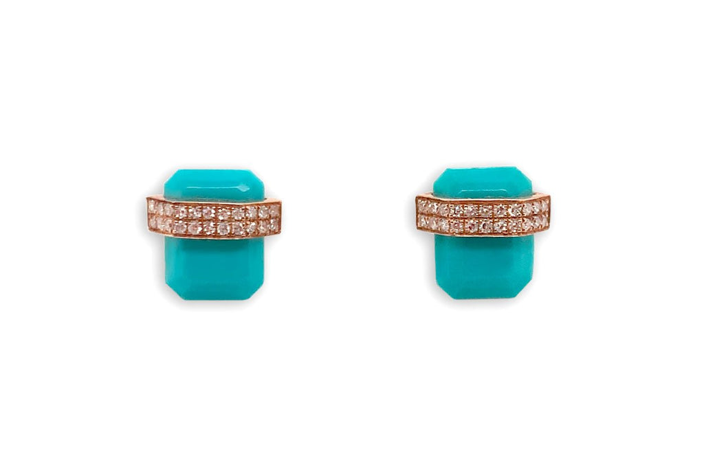 Earrings 14kt Gold Reconstructed Turquoise Studs with Diamonds - Albert Hern Fine Jewelry