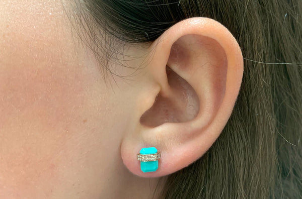 Earrings 14kt Gold Reconstructed Turquoise Studs with Diamonds - Albert Hern Fine Jewelry