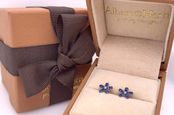 Earrings 14kt Gold Rhodium Flowers with Blue Sapphires & Diamonds Studs - Albert Hern Fine Jewelry