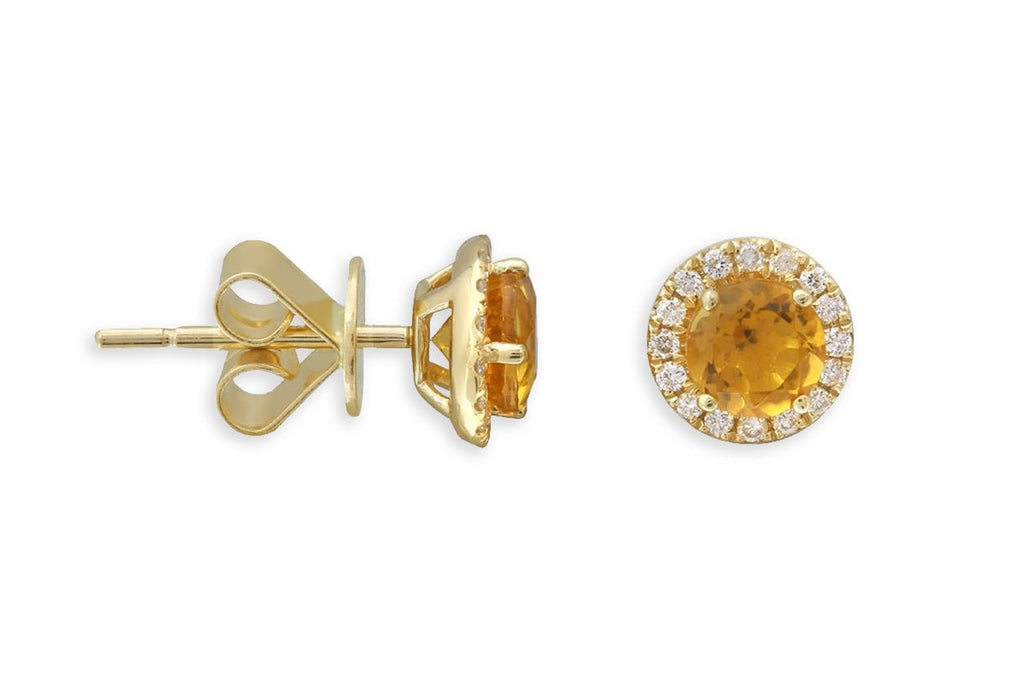 Earrings 14kt Gold Round Citrine & Diamonds Studs - Albert Hern Fine Jewelry