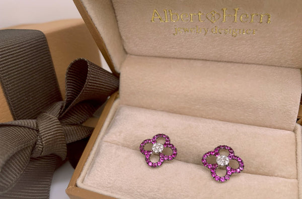 Earrings 14kt Gold Rubies Line Flowers & Diamonds - Albert Hern Fine Jewelry
