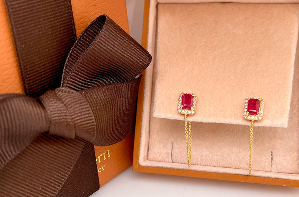 Earrings 14kt Gold Rubies Studs Chain & Diamonds - Albert Hern Fine Jewelry