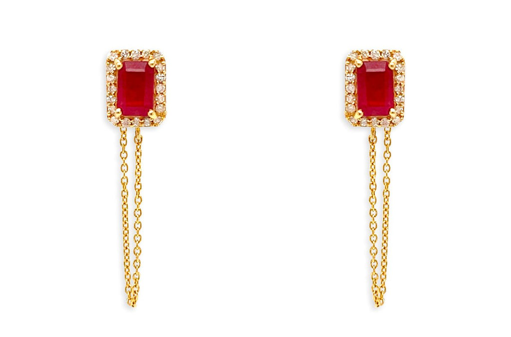Earrings 14kt Gold Rubies Studs Chain & Diamonds - Albert Hern Fine Jewelry