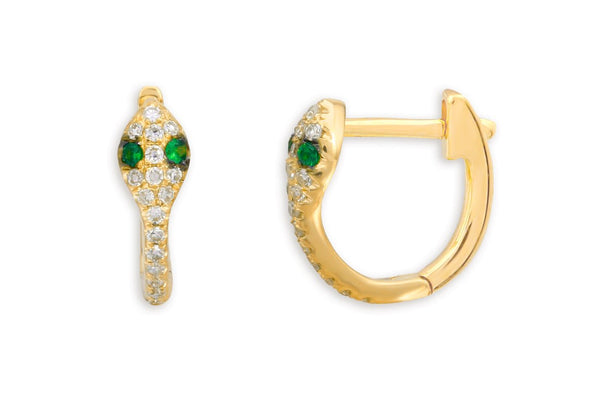 Earrings 14kt Gold Snake Huggies Diamonds & Gemstone Eyes - Albert Hern Fine Jewelry