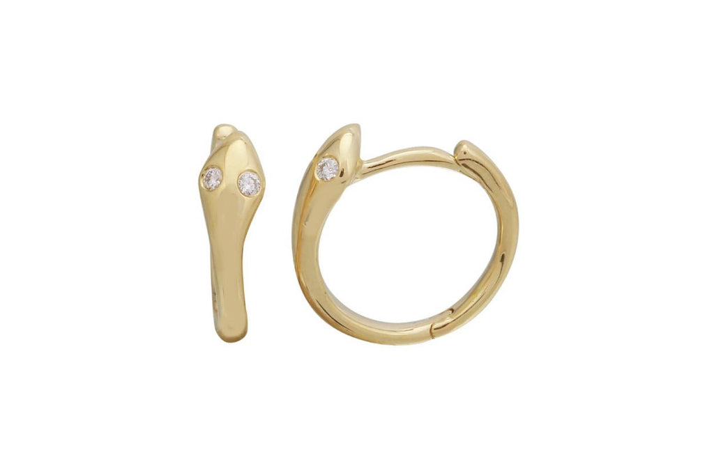 Earrings 14kt Gold Snake Plain Mini Hoops Diamond Eyes - Albert Hern Fine Jewelry