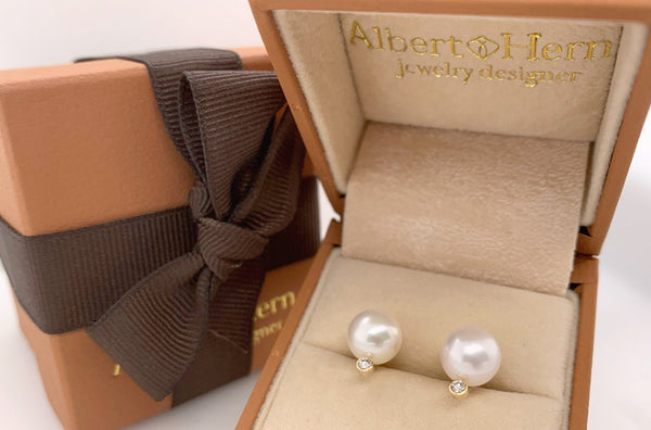 Earrings 14kt Gold South Sea Pearls & Bezel Diamonds Studs - Albert Hern Fine Jewelry