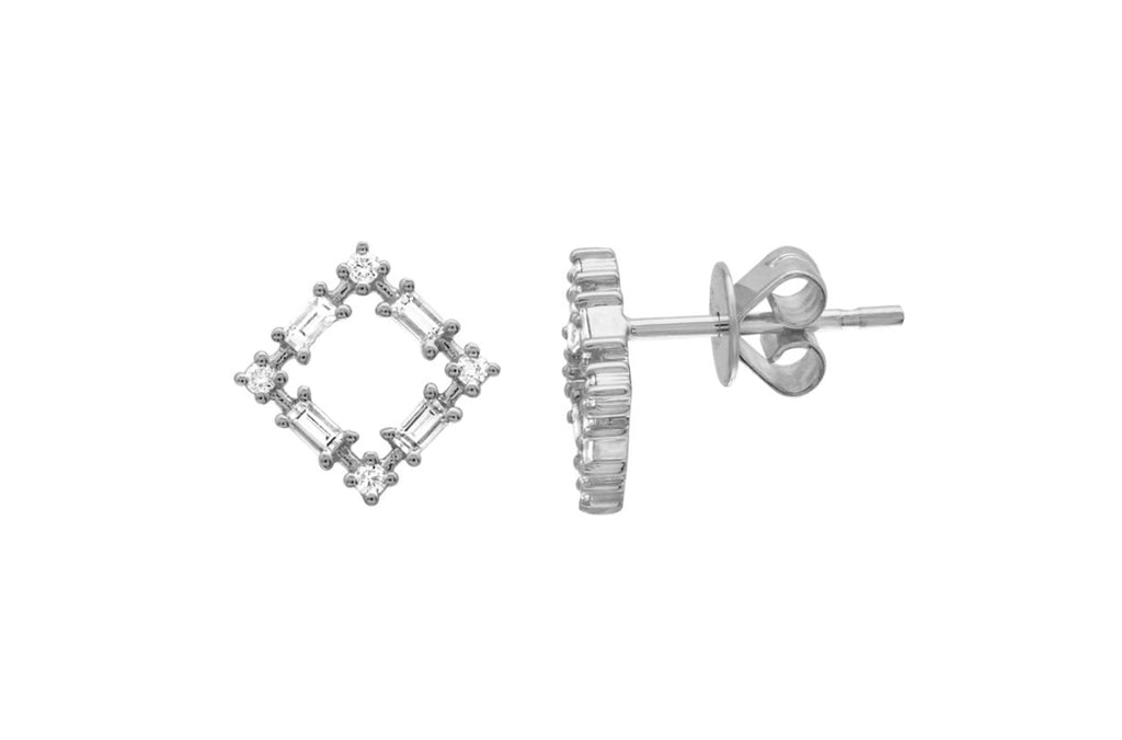 Earrings 14kt Gold Square Stud & Baguette Diamonds - Albert Hern Fine Jewelry