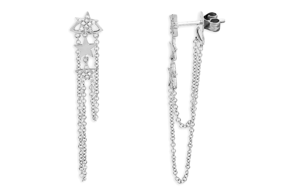 Earrings 14kt Gold Three Stars & Diamonds Chain Studs - Albert Hern Fine Jewelry