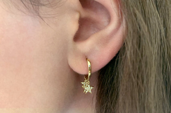 Earrings 14kt Hanging Stars Huggies & Diamonds - Albert Hern Fine Jewelry