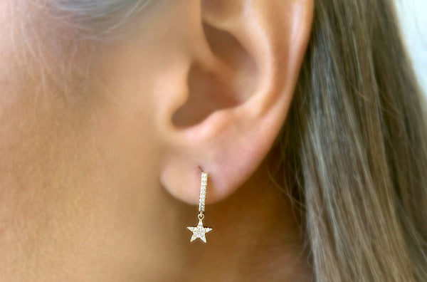 Earrings 14kt Hanging Stars Pave Huggies & Diamonds - Albert Hern Fine Jewelry