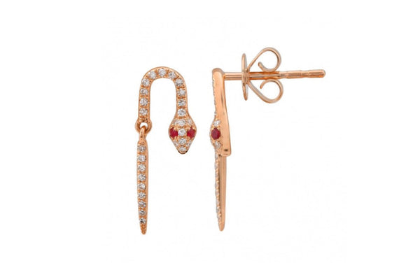 Earrings 14kt Long Curve Snakes & Diamonds - Albert Hern Fine Jewelry