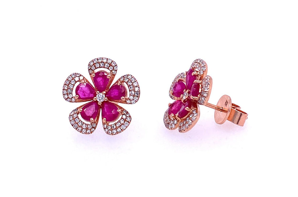 Earrings 14kt Rose Gold Flowers with Rubies & Diamonds - Albert Hern Fine Jewelry