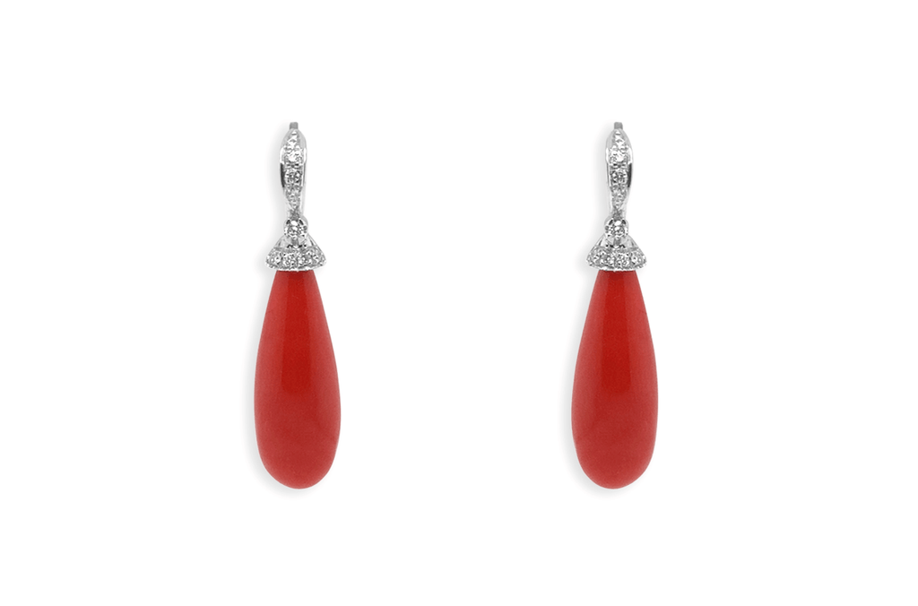 Earrings 14kt White Gold Coral Tear & Diamonds - Albert Hern Fine Jewelry