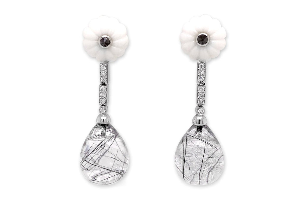 Earrings 18kt Carved White Onyx with Rutilated Quartz & Diamonds - Albert Hern Fine Jewelry